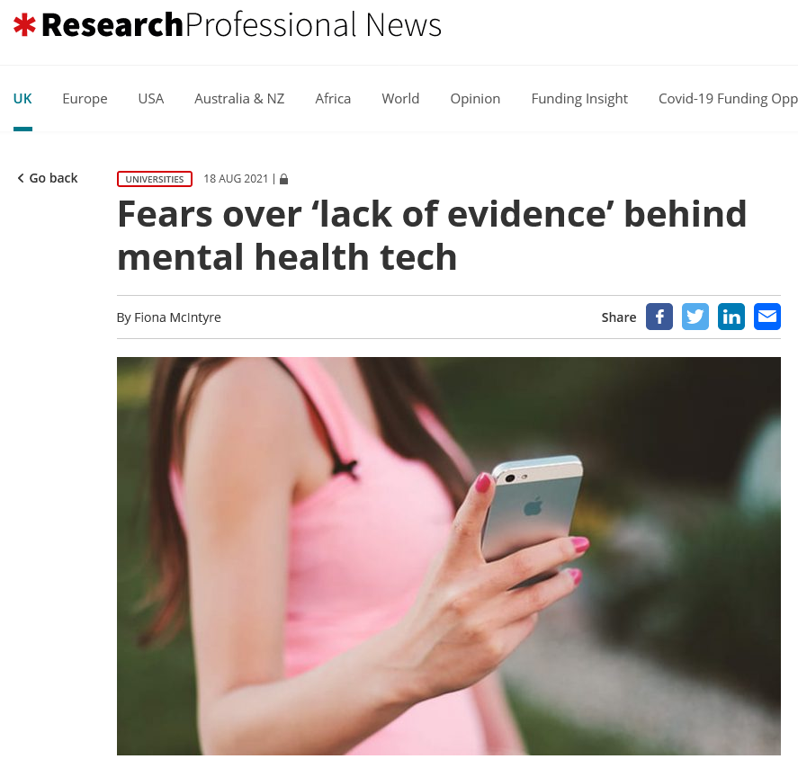 Research Professional: ‘Fears over “lack of evidence” behind mental health tech’